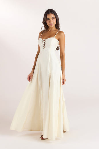 Bestickter Maxikleid mit Korsetdetail - Buttercreme