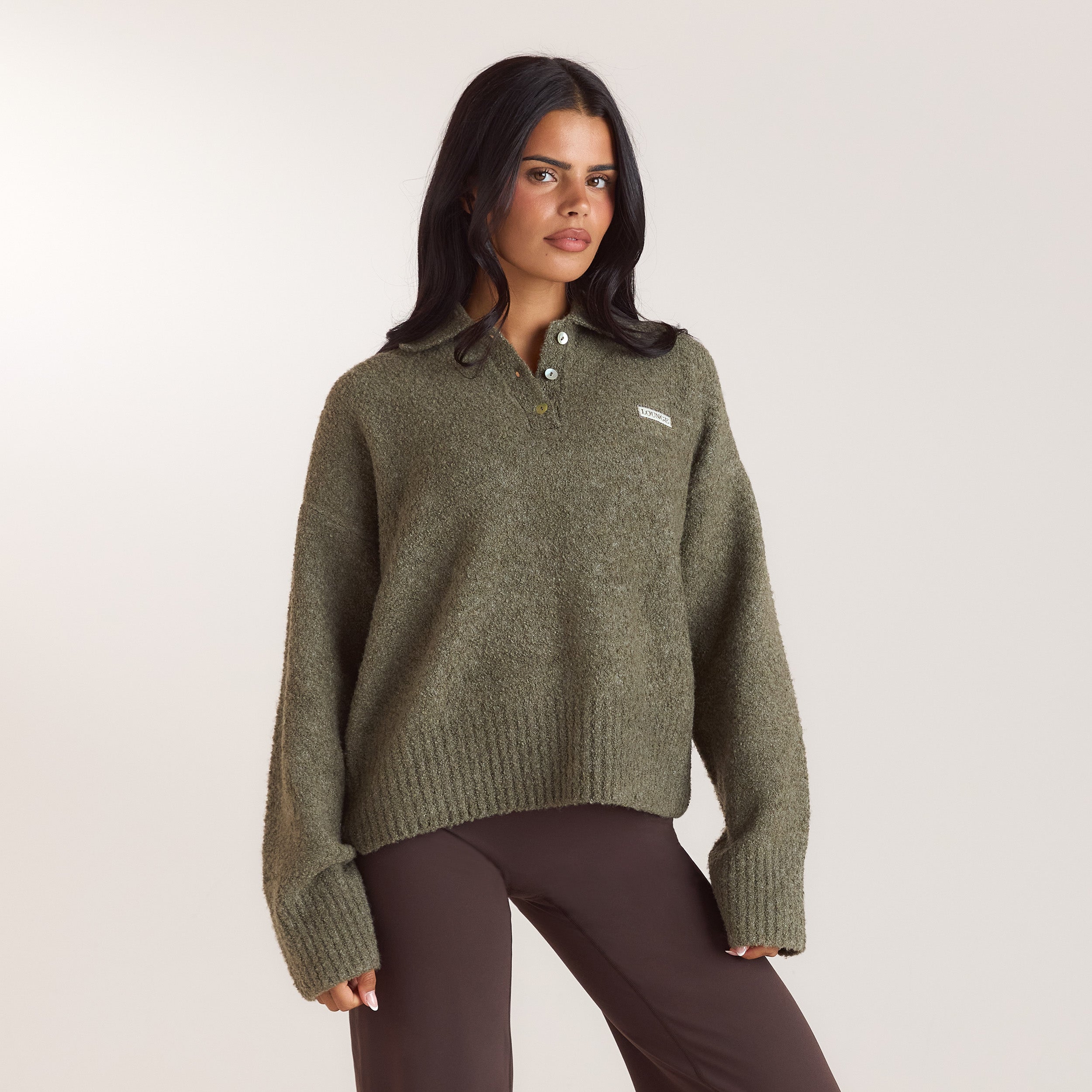 Bouclé-Strickpullover mit Polokragen | Bouclé-Strickpullover mit Polokragen - Khaki