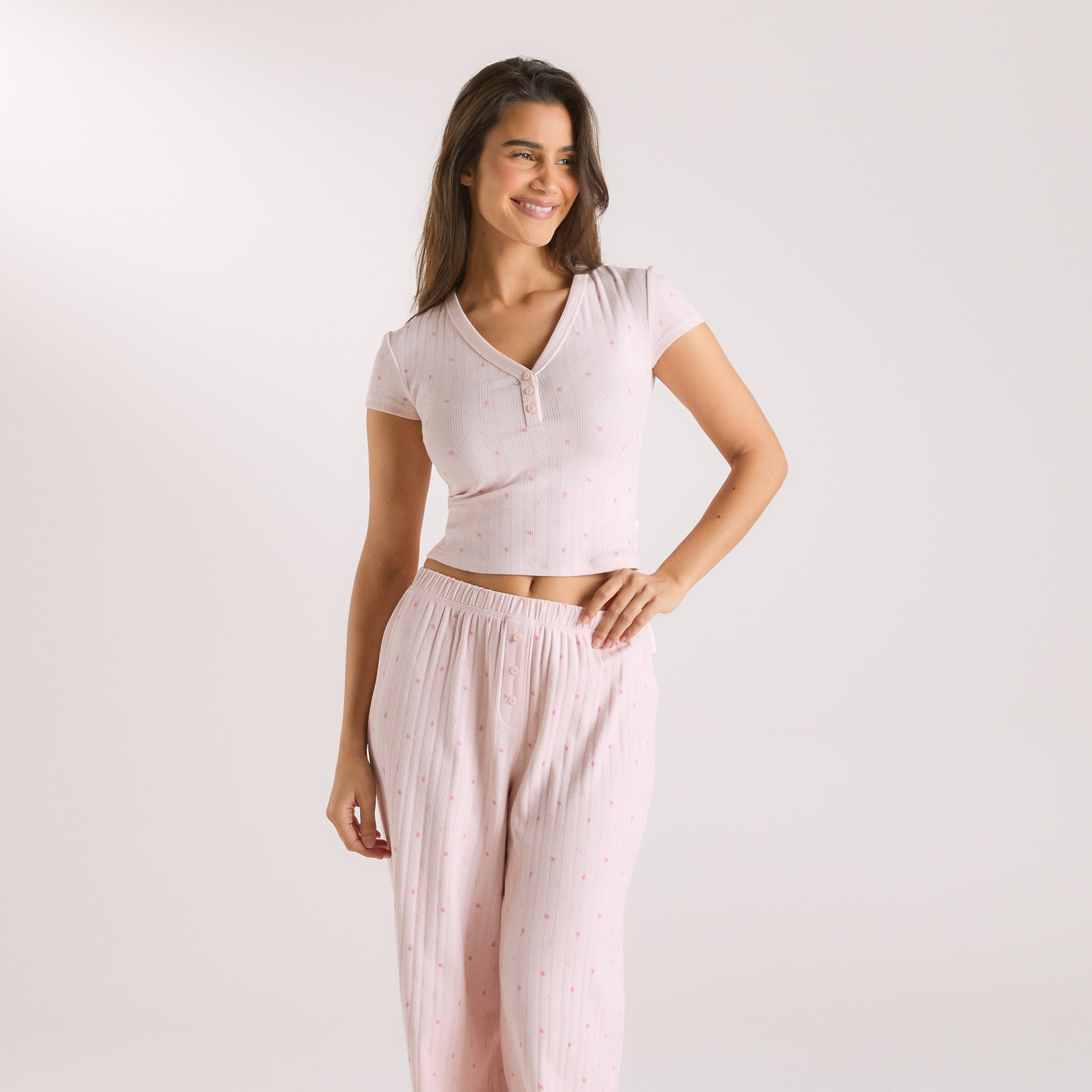 Pointelle Pyjama-Oberteil | Pointelle Pyjama-Oberteil - Florales Rosa