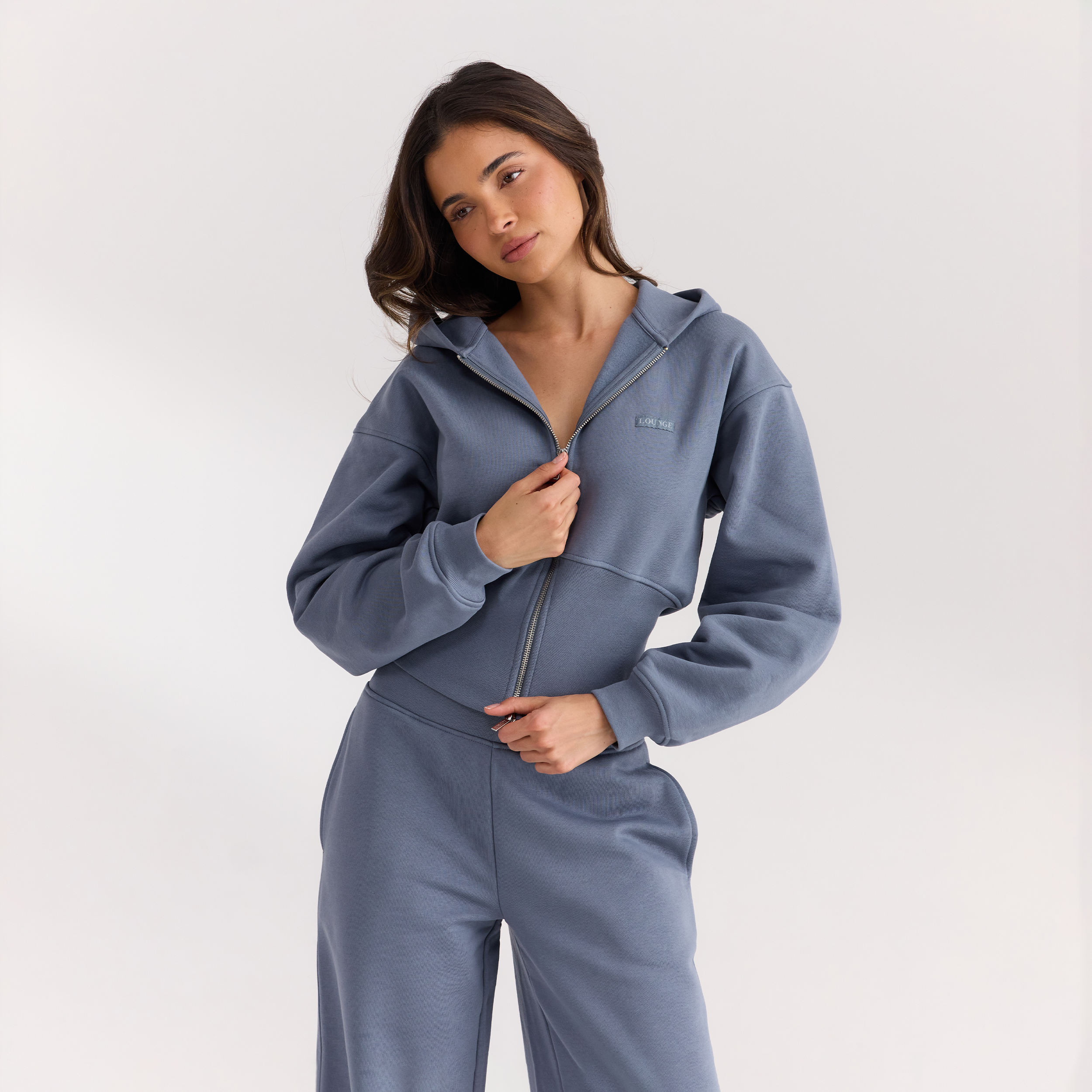 Taillierte Zip-Up Hoodie - Schieferblau