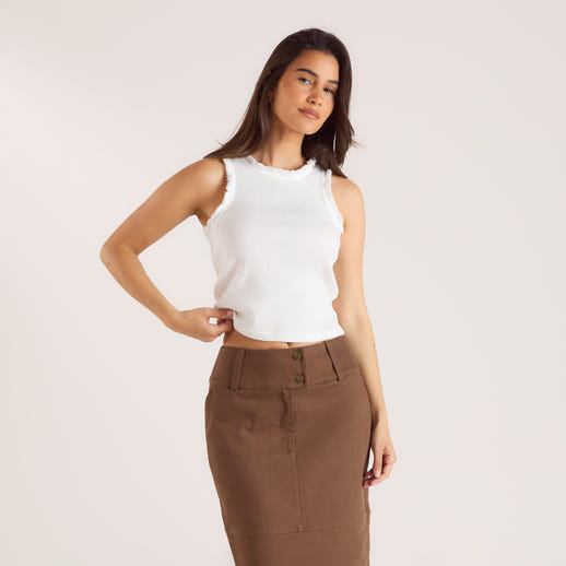 Geripptes Tanktop mit Fransen - Weiß