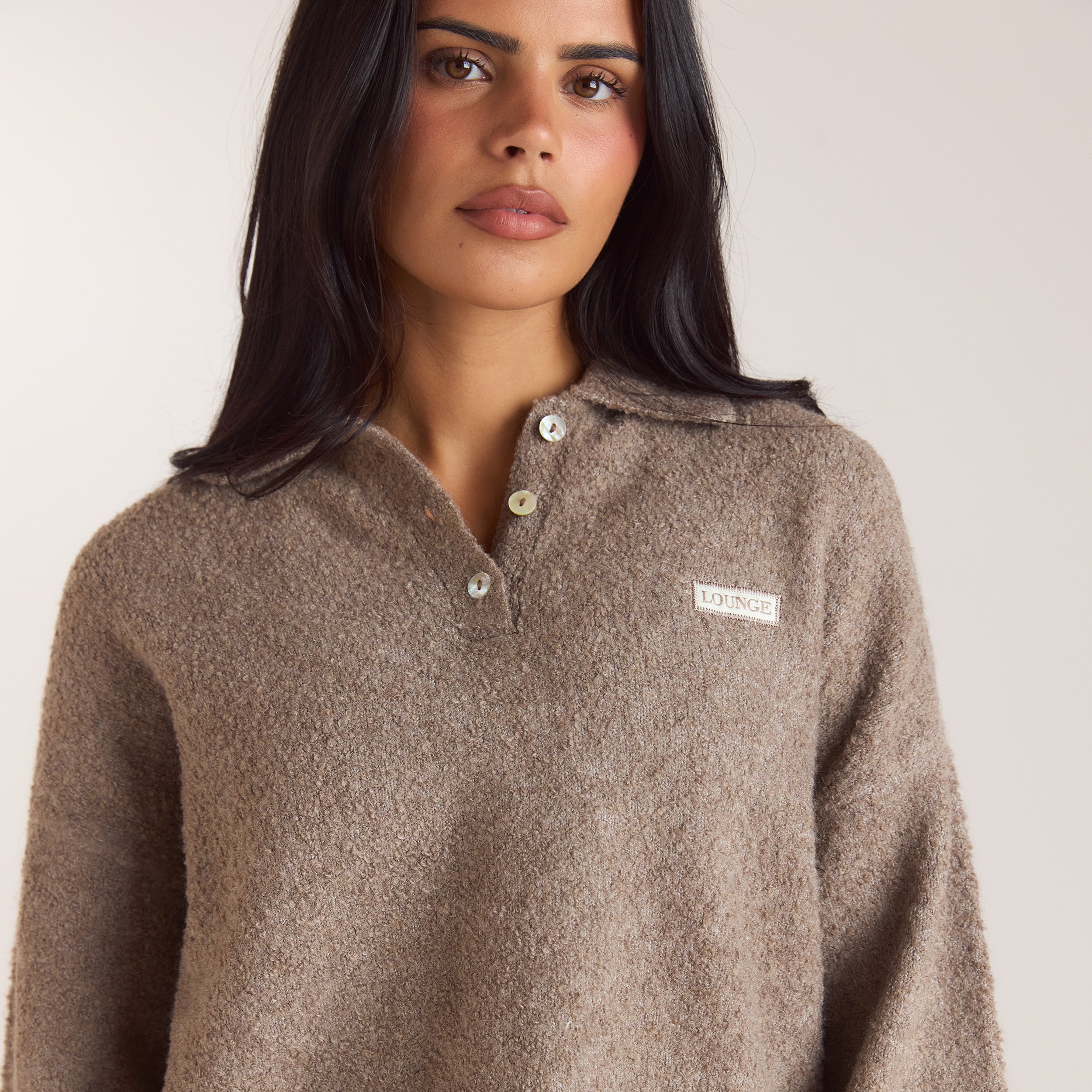 Bouclé-Strickpullover mit Polokragen | Bouclé-Strickpullover mit Polokragen - Taupe