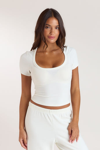 Geripptes Kurzarm-Pyjama Top - Crèmefarbe