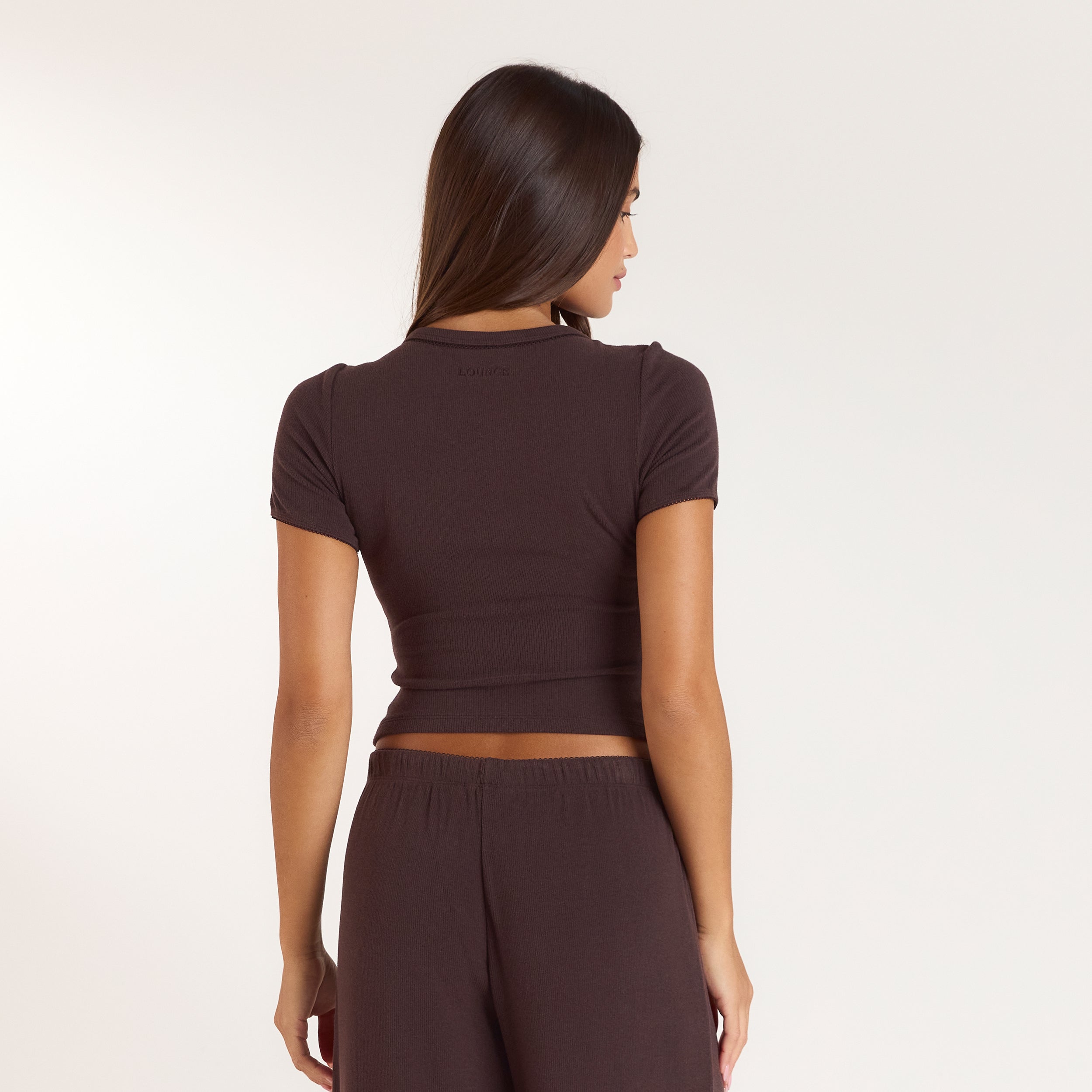Geripptes Kurzarm-Pyjama Top | Geripptes Kurzarm-Pyjama Top - Dunkle Schokolade
