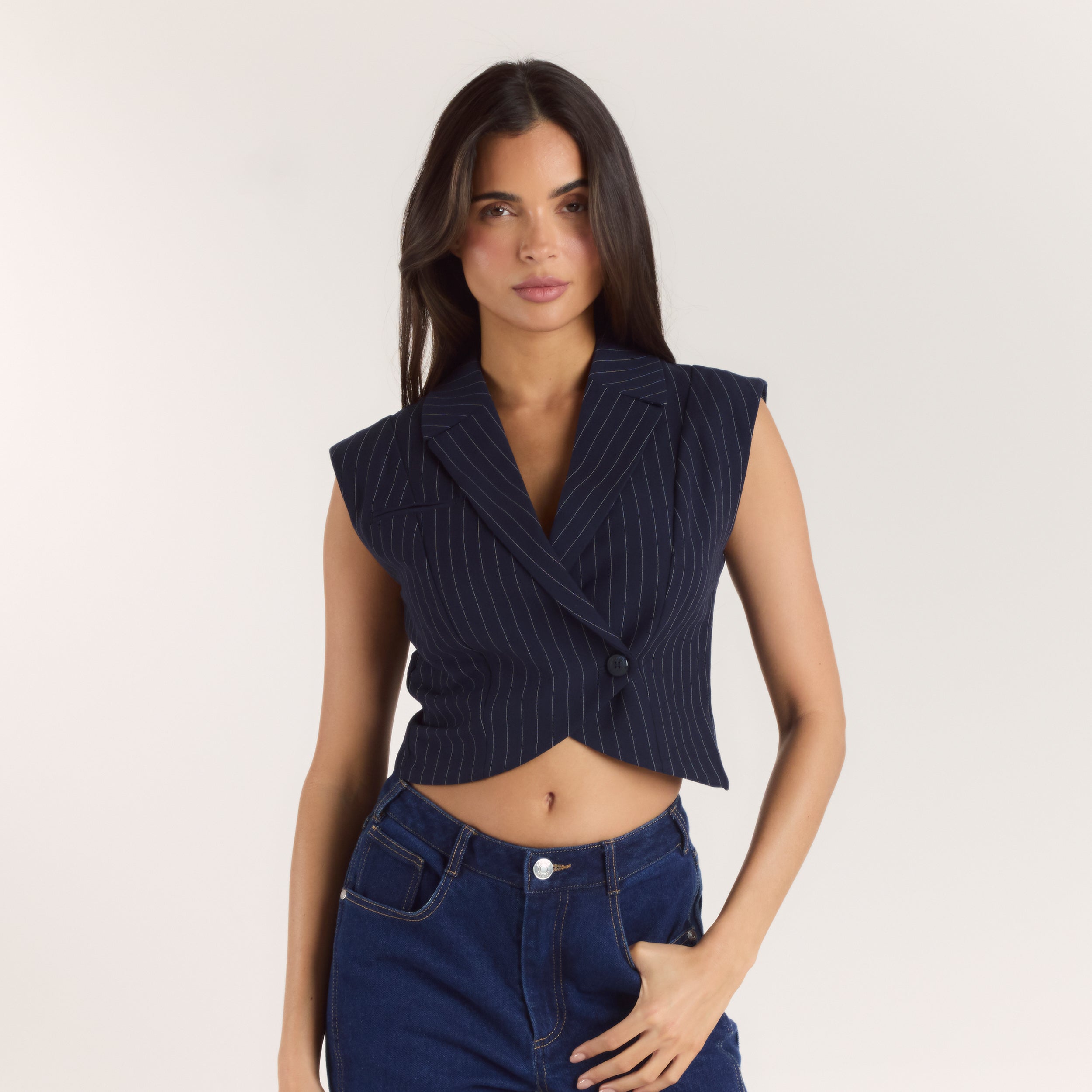 Gekreuzte Weste - Marineblauer Nadelstreifen