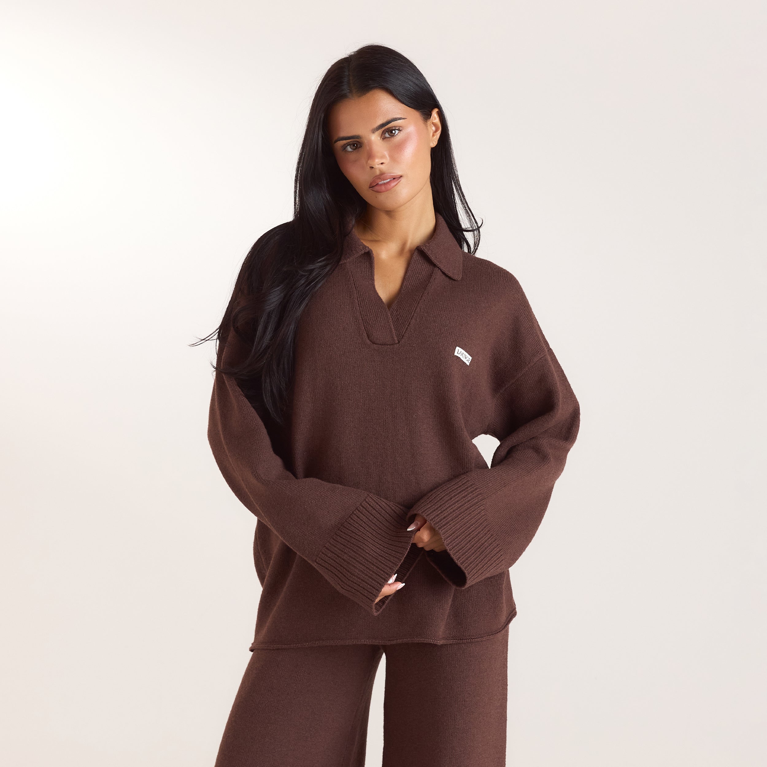 Oversize Strickjacke mit V-Ausschnitt | Oversize Strickjacke mit V-Ausschnitt - Schokolade