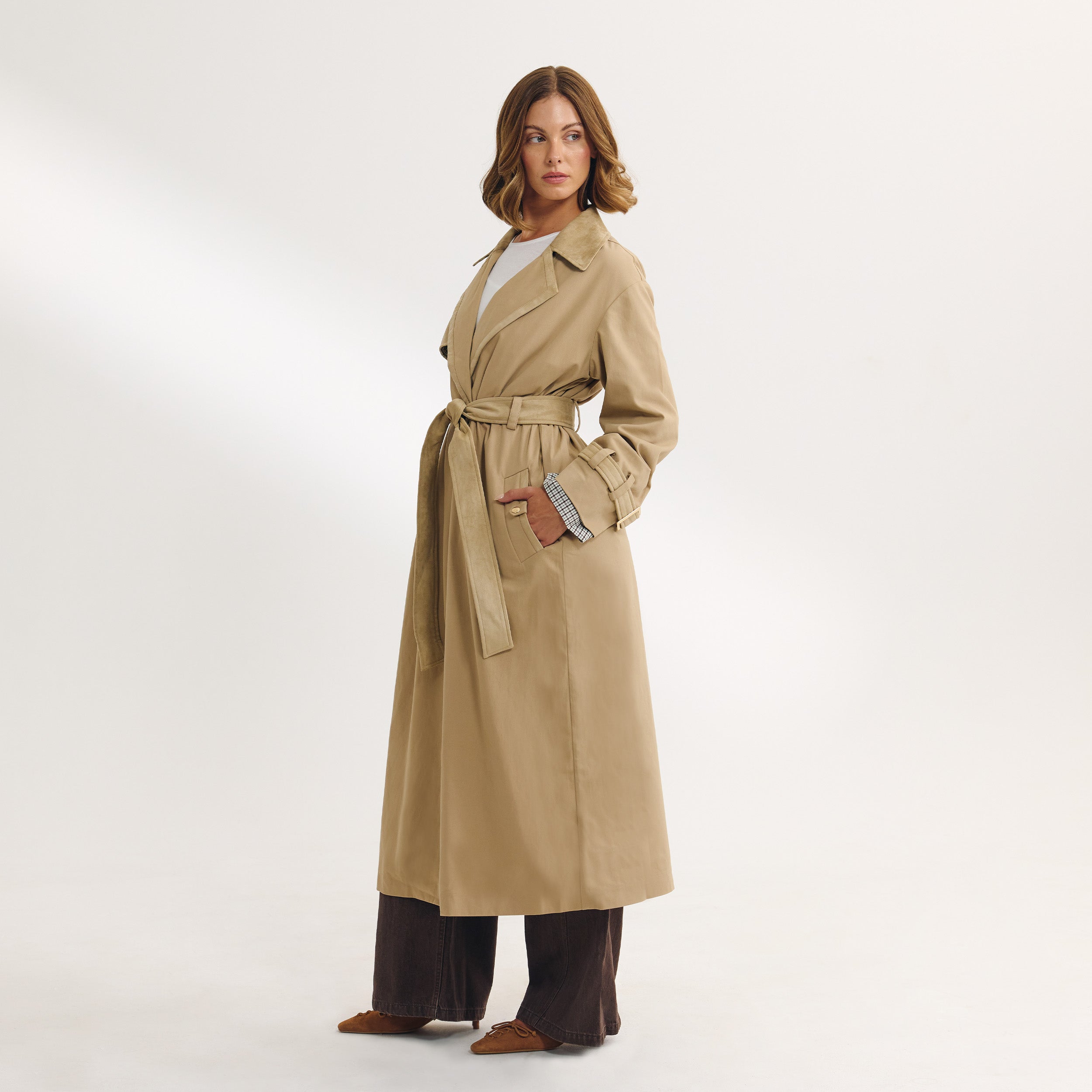Trenchcoat mit Wildlederbesatz | Trenchcoat mit Wildlederbesatz - Sand