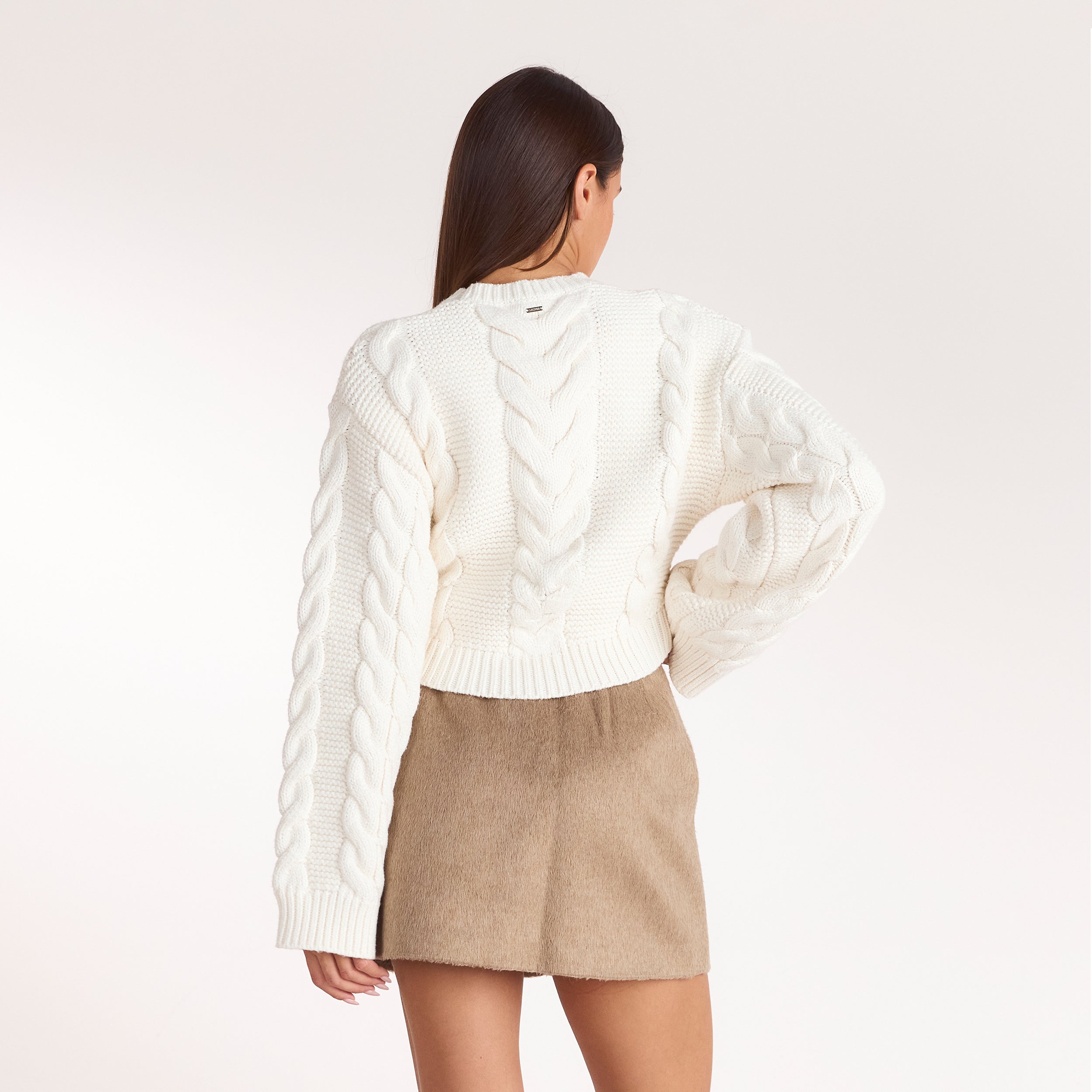 Kurzer Zopfstrickpullover | Kurzer Zopfstrickpullover - Crèmefarbe