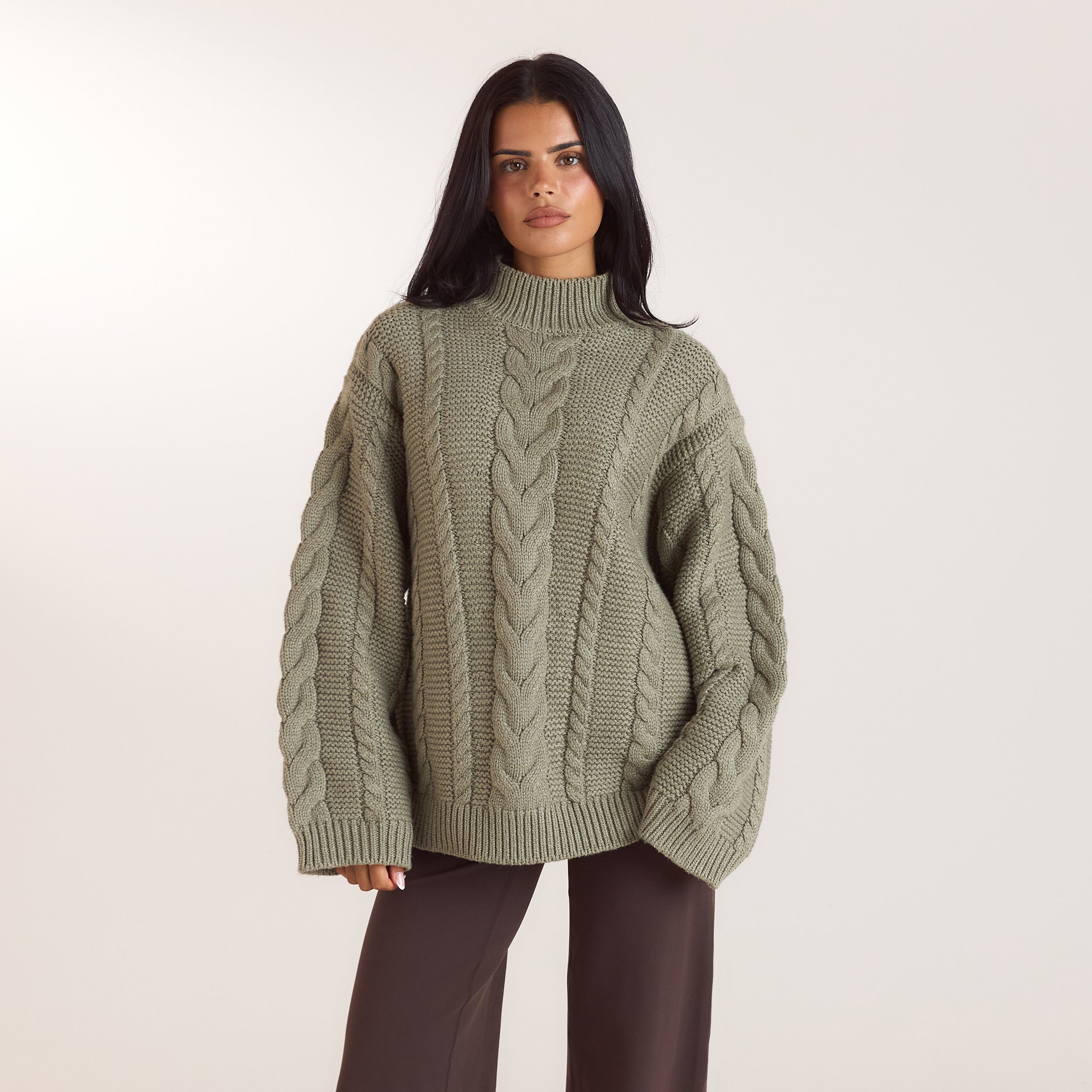 Oversized-Strickpullover mit Zopfmuster | Oversized-Strickpullover mit Zopfmuster - Olivgrün