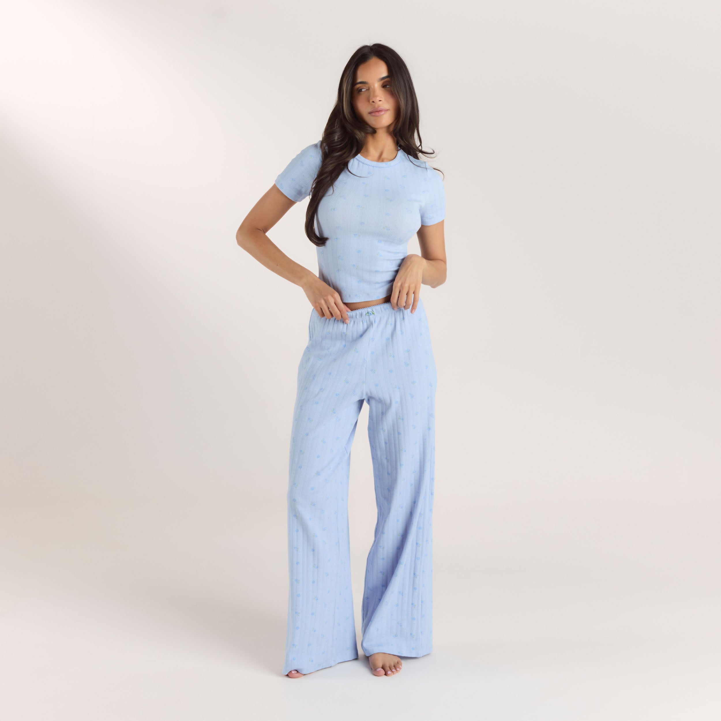 Pointelle Pyjama-Top | Pointelle Pyjama-Top - Florales Blau