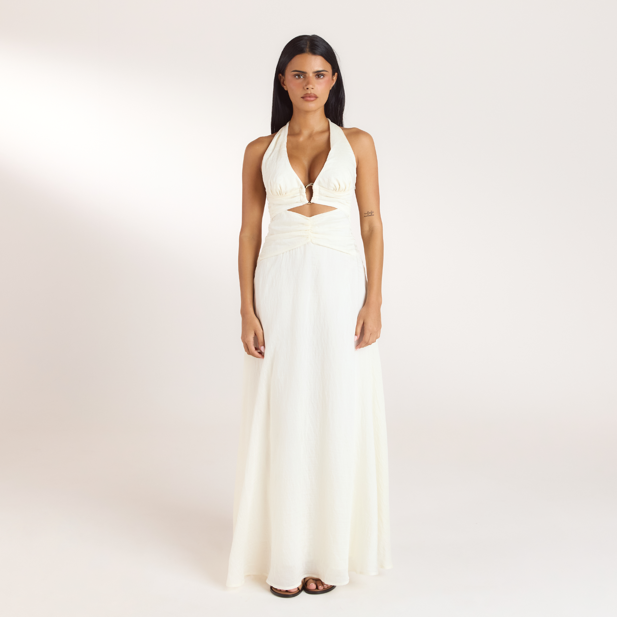 Gerüschtes Tencel Maxikleid | Gerüschtes Tencel Maxikleid - Crèmefarbe