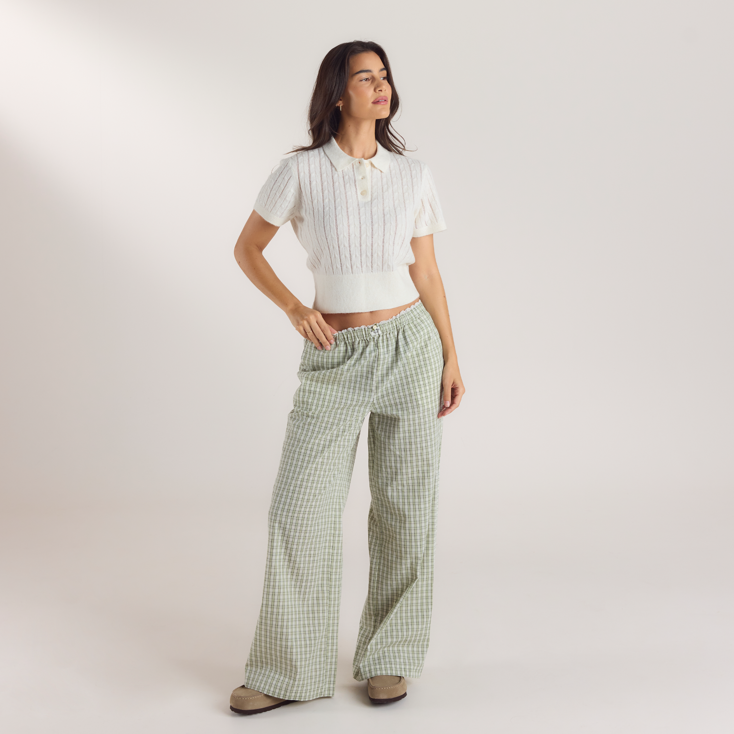 Transparentes Strick-Polo | Transparentes Strick-Polo - Crèmefarbe