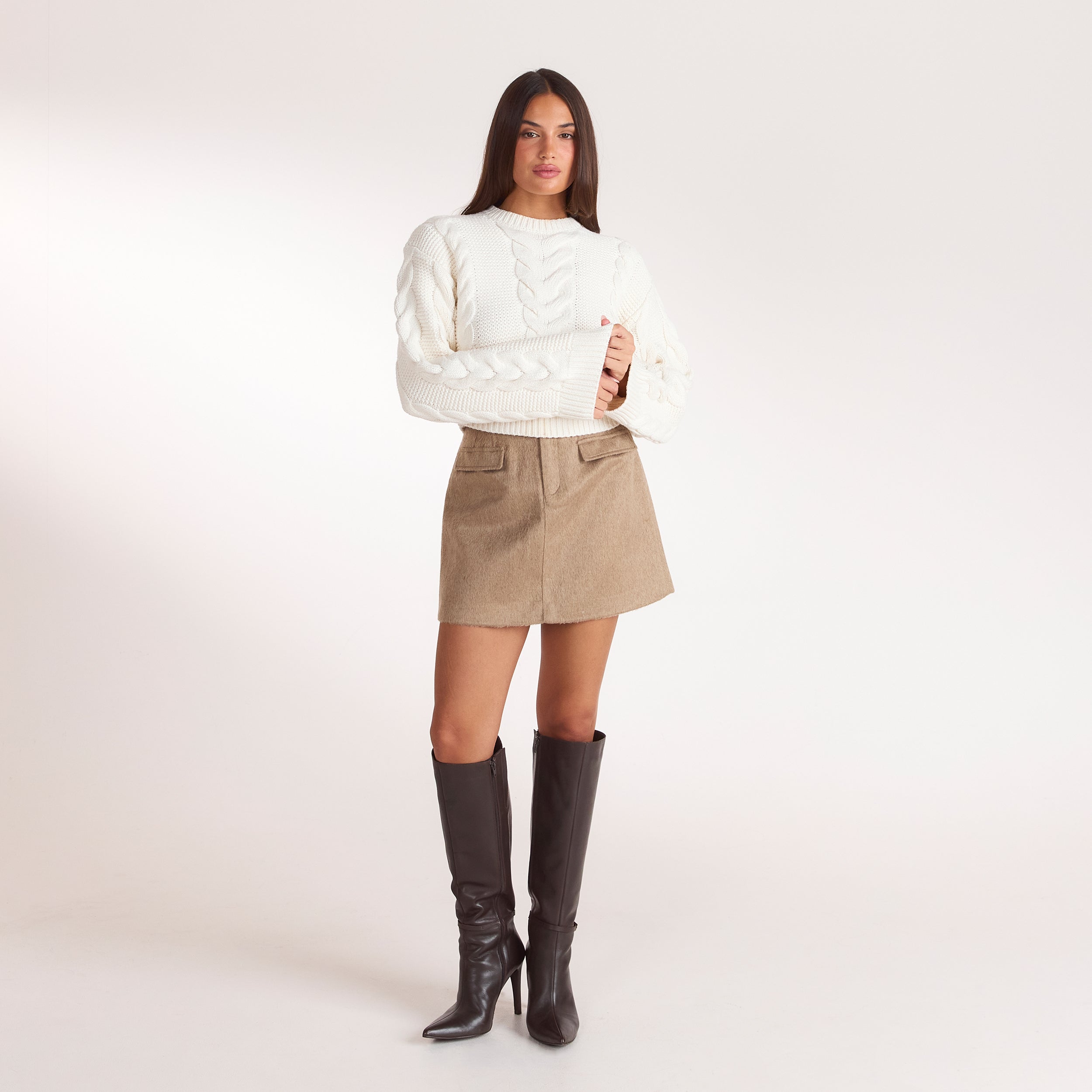 Kurzer Zopfstrickpullover | Kurzer Zopfstrickpullover - Crèmefarbe