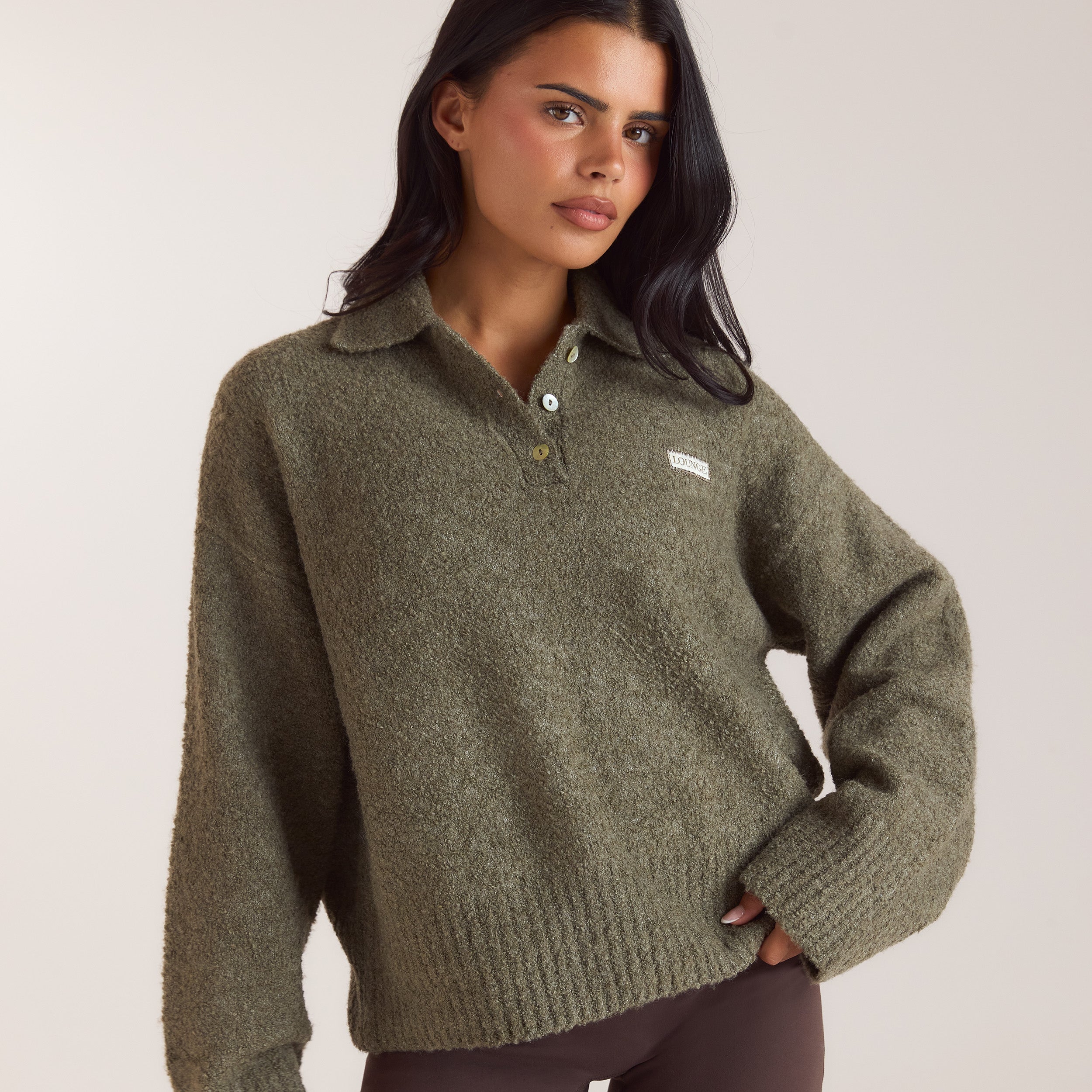 Bouclé-Strickpullover mit Polokragen | Bouclé-Strickpullover mit Polokragen - Khaki