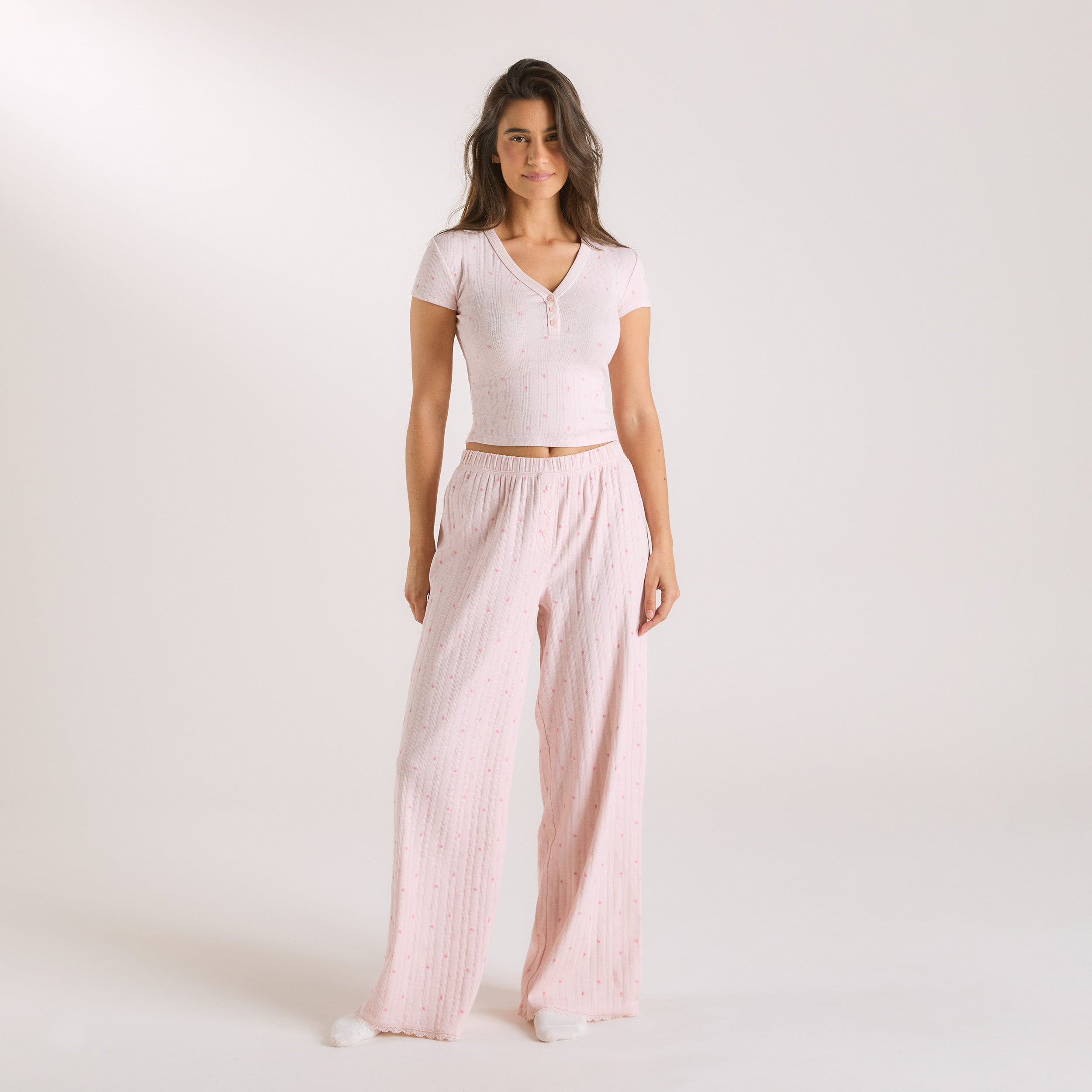 Pointelle Pyjama-Hosen | Pointelle Pyjama-Hosen - Florales Rosa