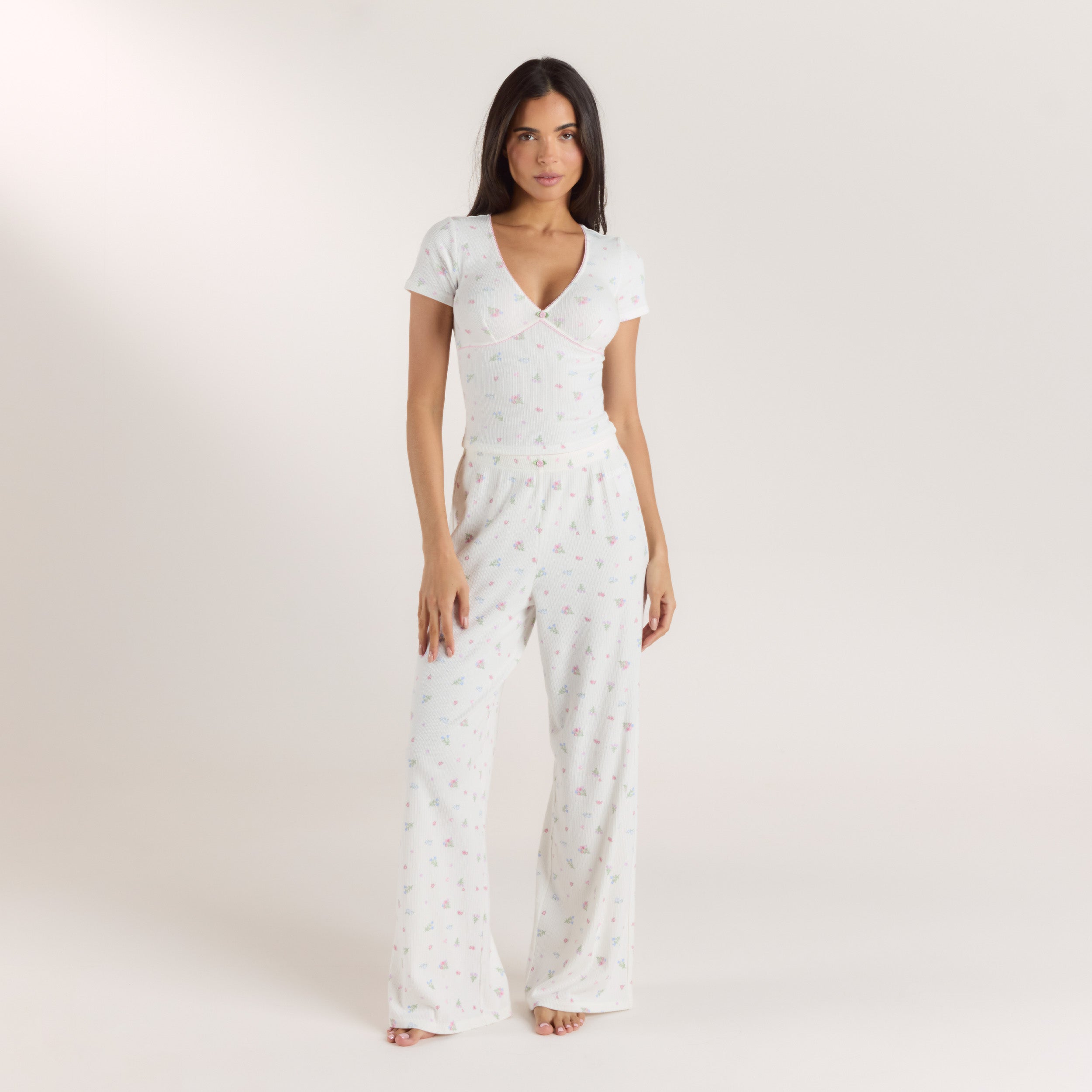 Gerippter, Kurzärmeliger Pyjama Top | Gerippter, Kurzärmeliger Pyjama Top - Florales Weiß
