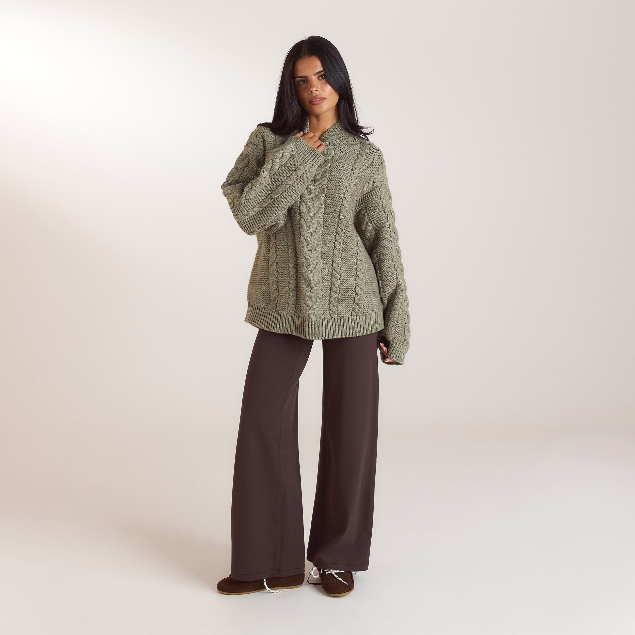Oversized-Strickpullover mit Zopfmuster | Oversized-Strickpullover mit Zopfmuster - Olivgrün