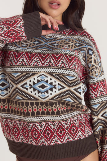 Norweger Strickpullover - Braun/Rot