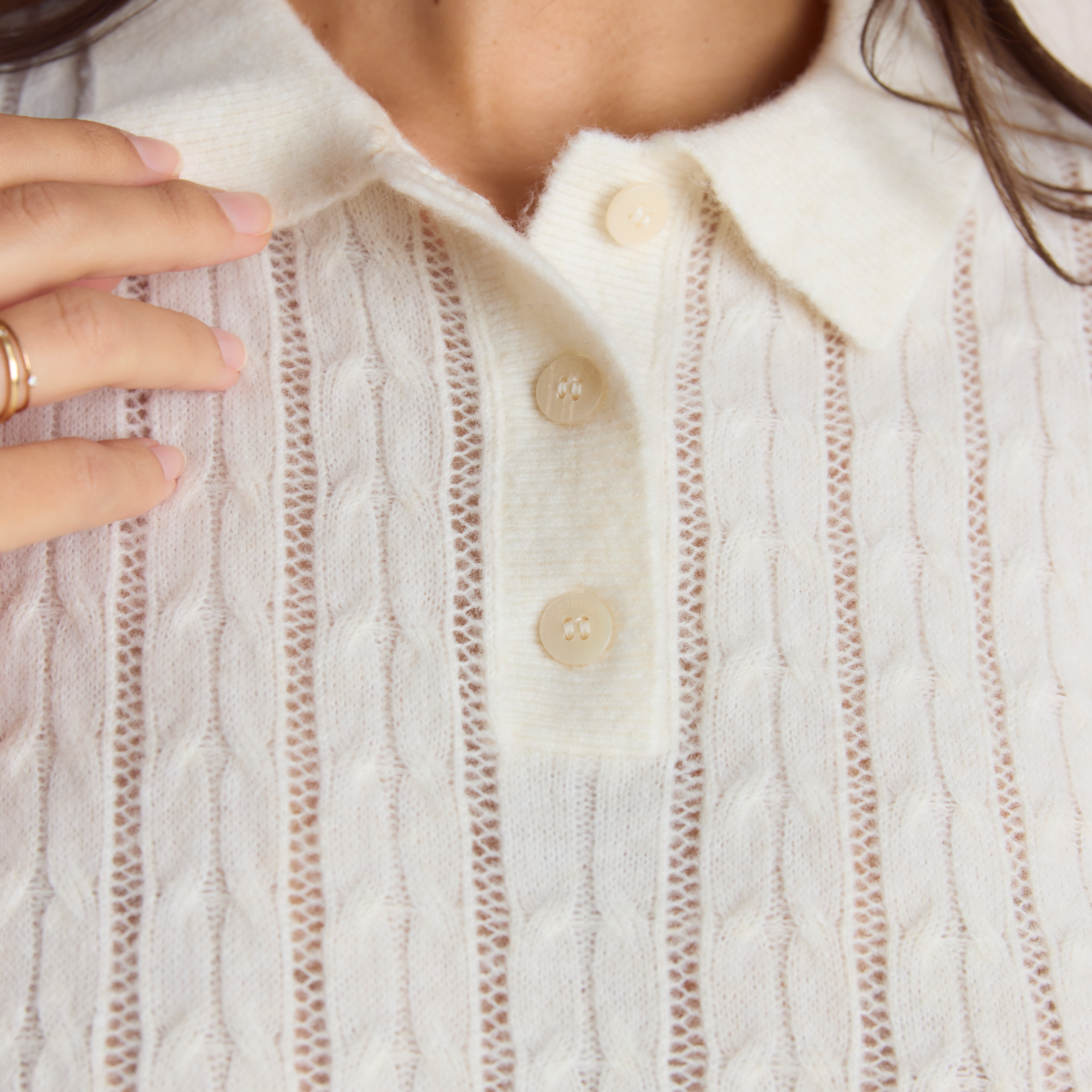 Transparentes Strick-Polo | Transparentes Strick-Polo - Crèmefarbe