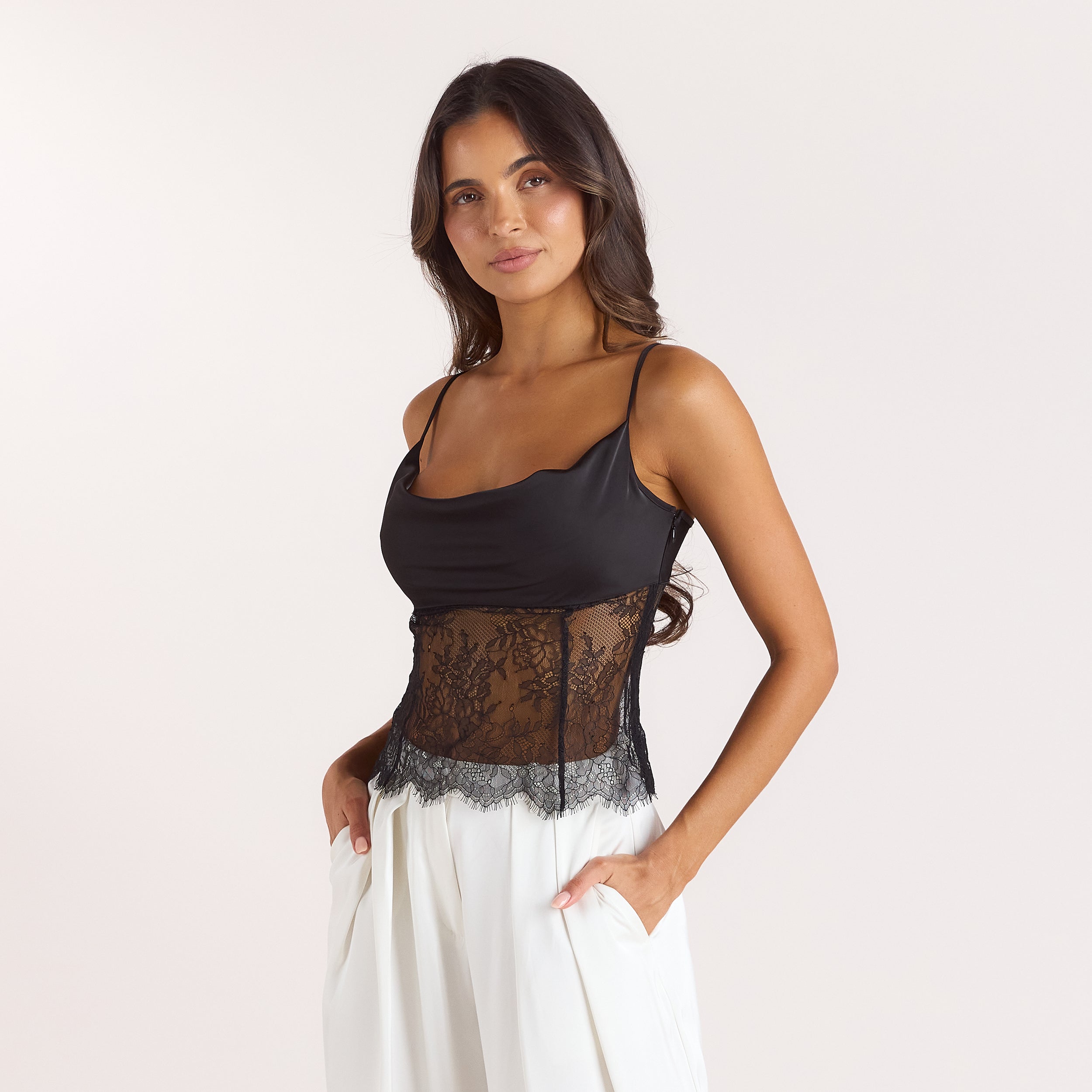 Satiniertes Cami-Top | Satiniertes Cami-Top - Schwarz
