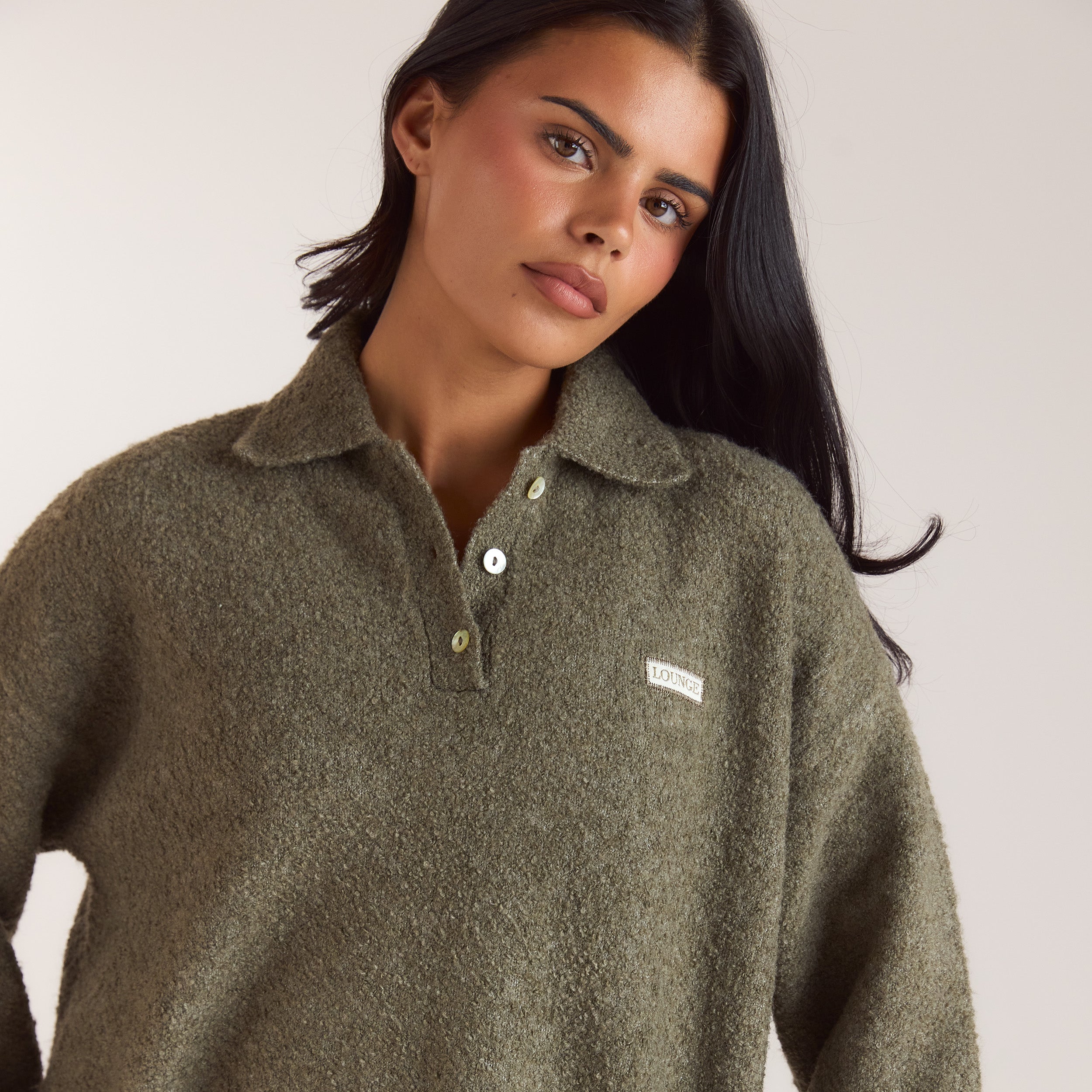 Bouclé-Strickpullover mit Polokragen | Bouclé-Strickpullover mit Polokragen - Khaki