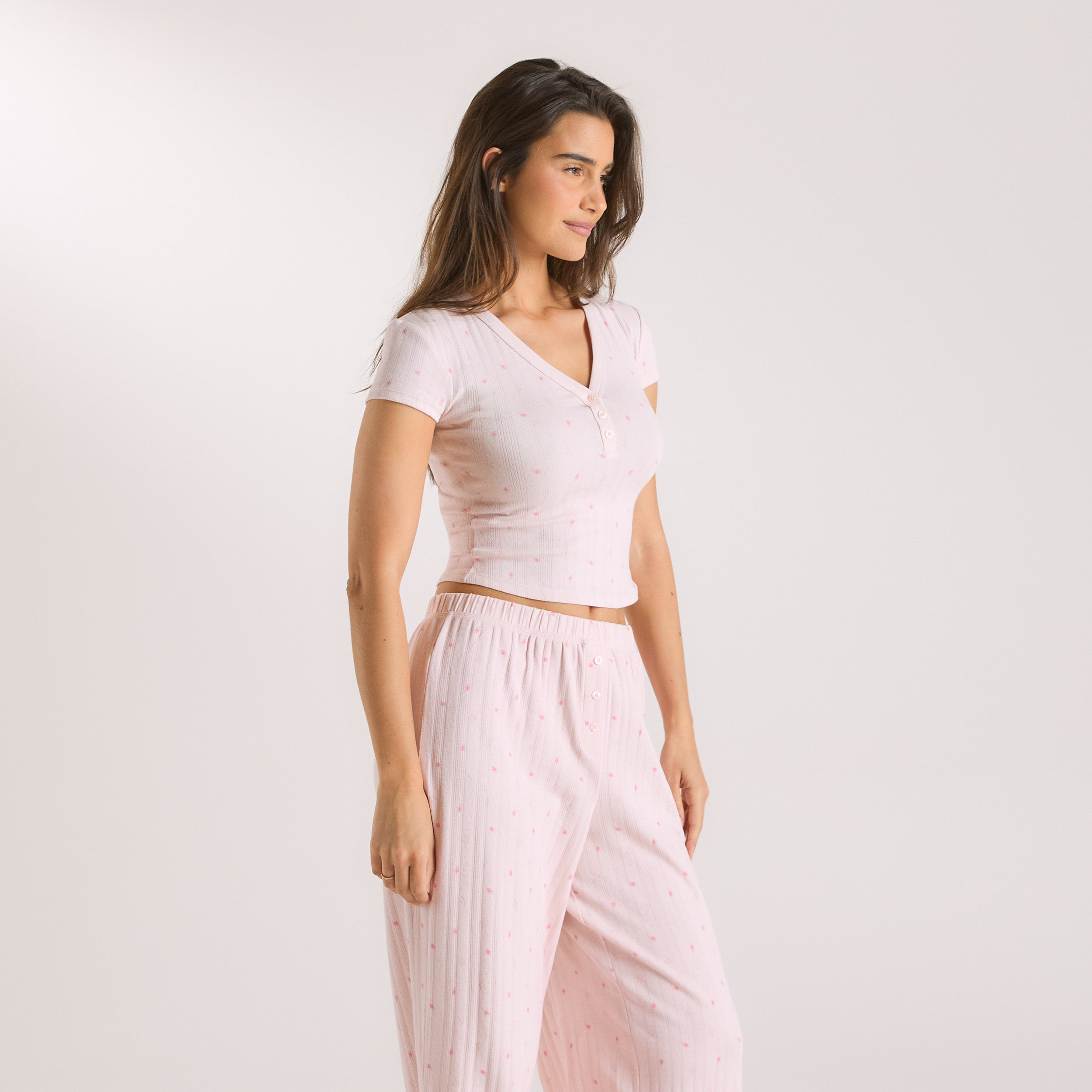 Pointelle Pyjama-Oberteil | Pointelle Pyjama-Oberteil - Florales Rosa