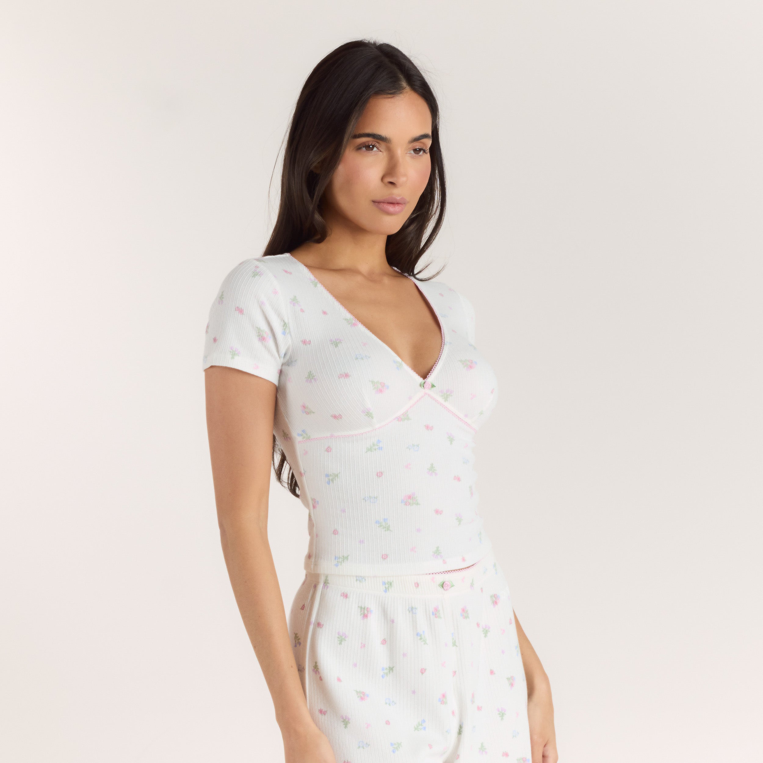 Gerippter, Kurzärmeliger Pyjama Top | Gerippter, Kurzärmeliger Pyjama Top - Florales Weiß