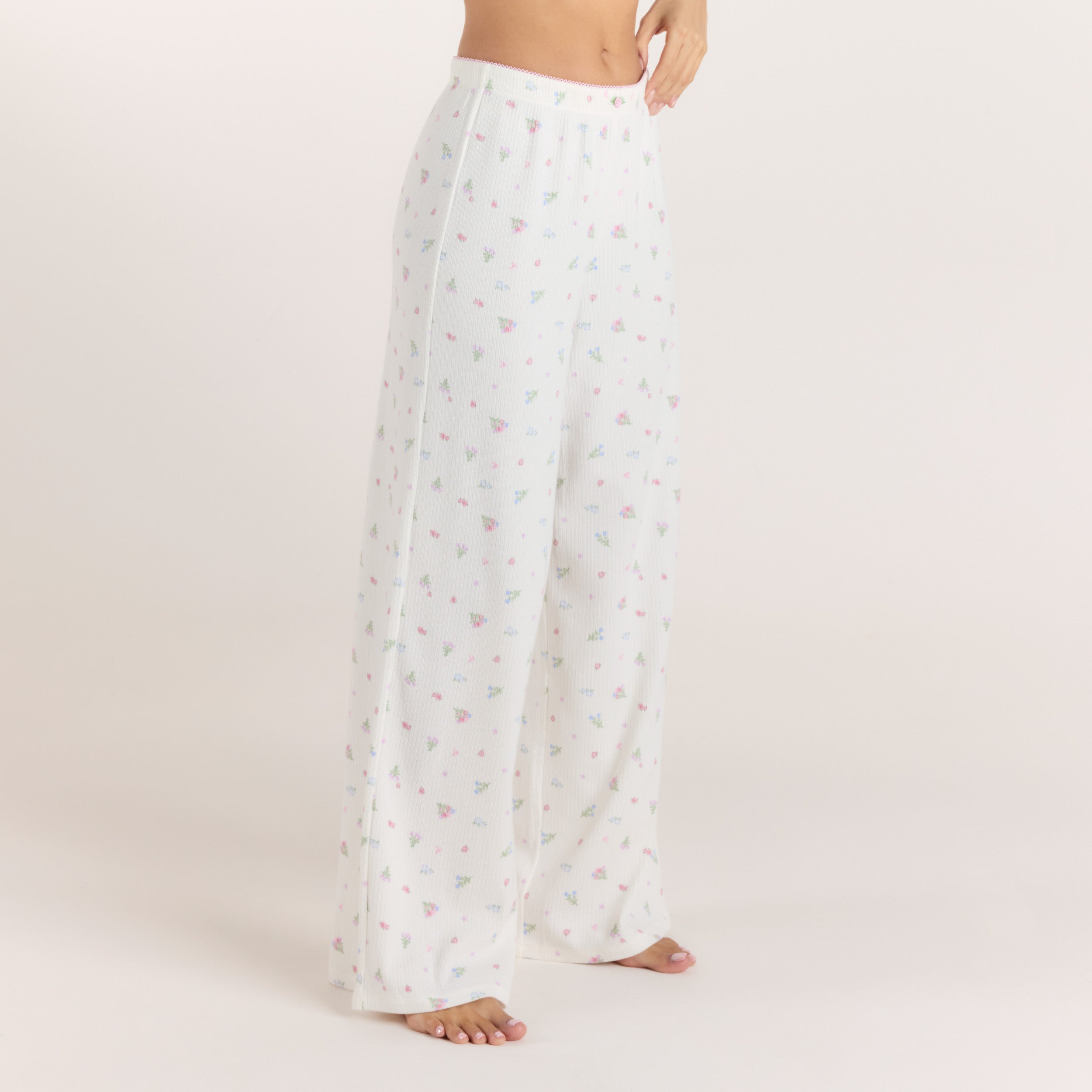 Gerippte Pyjamahosen | Gerippte Pyjamahosen - Florales Weiß
