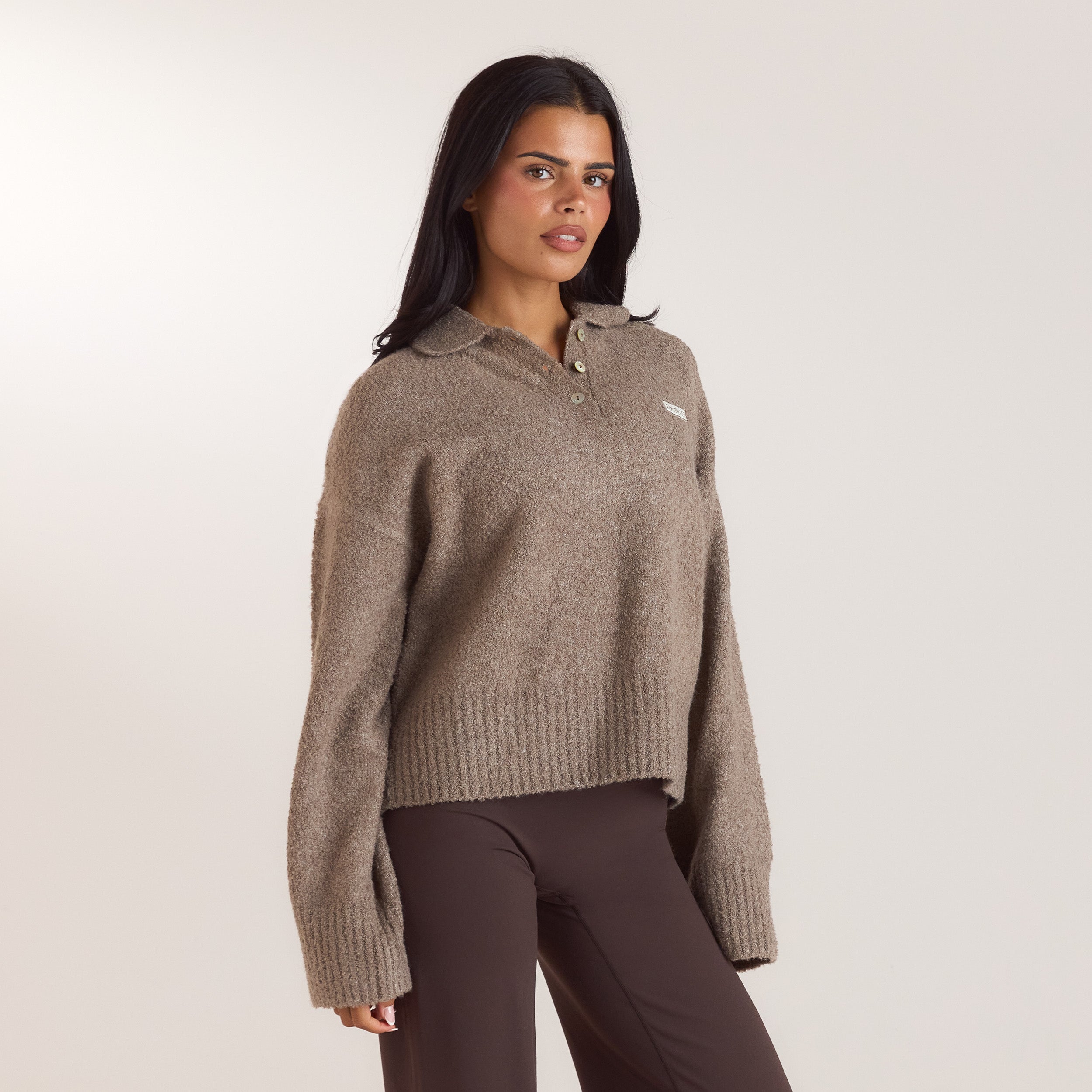 Bouclé-Strickpullover mit Polokragen | Bouclé-Strickpullover mit Polokragen - Taupe