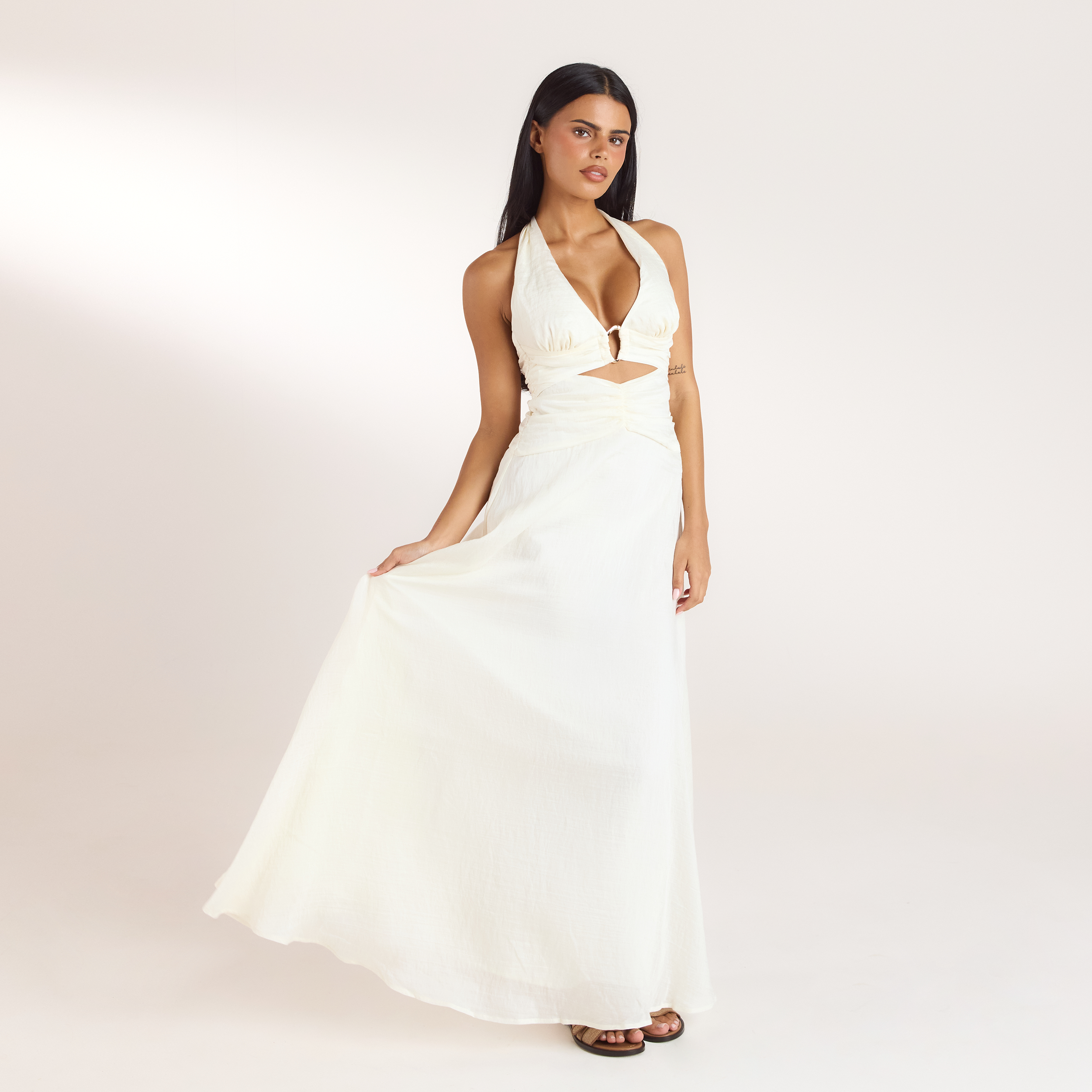 Gerüschtes Tencel Maxikleid | Gerüschtes Tencel Maxikleid - Crèmefarbe